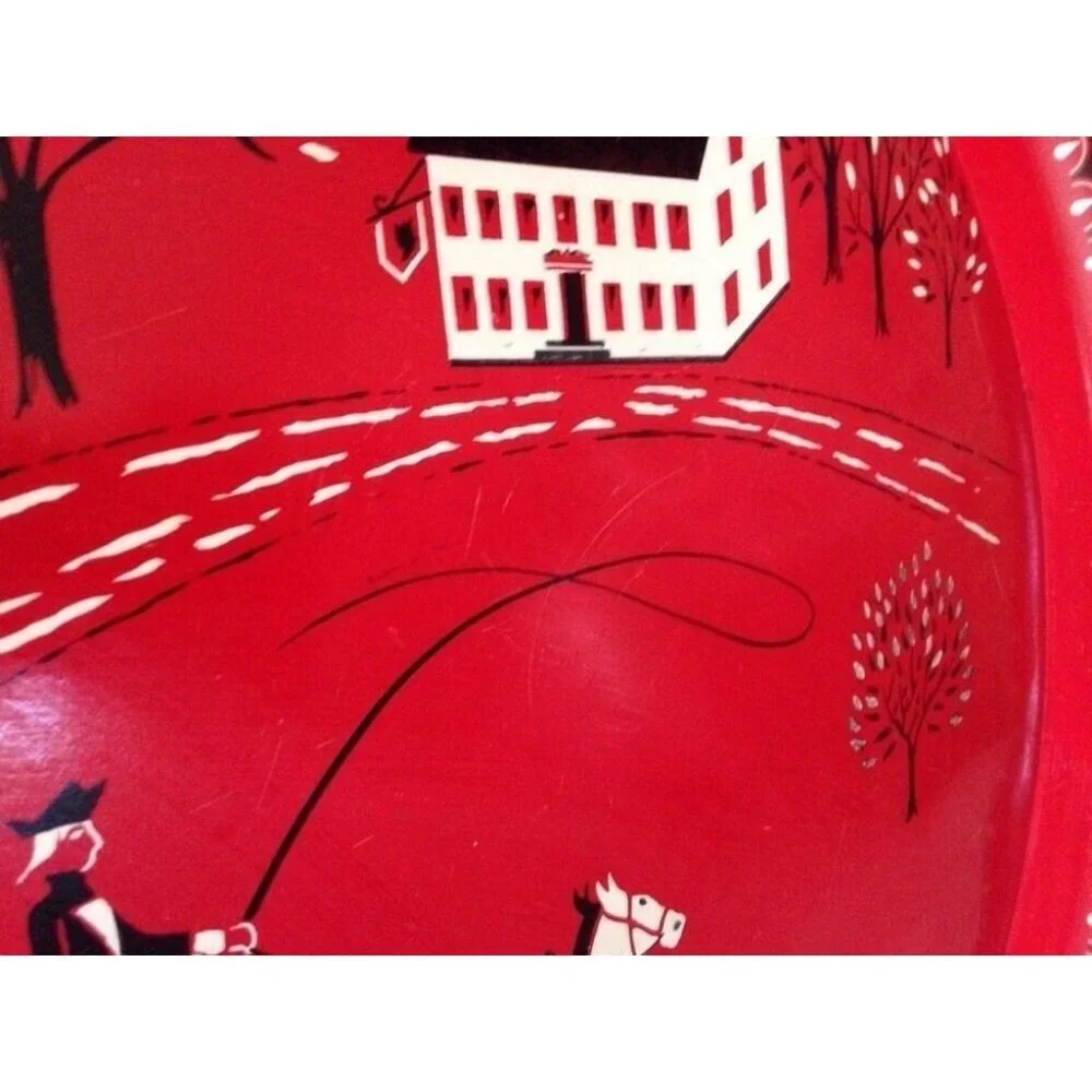Vintage large metal red tray Horse Buggy Carriage Colonial Stagecoach scene 16